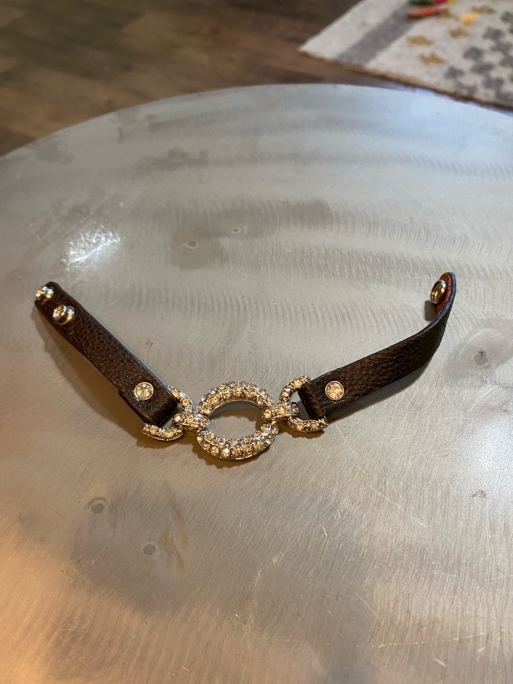 Crystal Circle Black Leather Bracelet adjustable